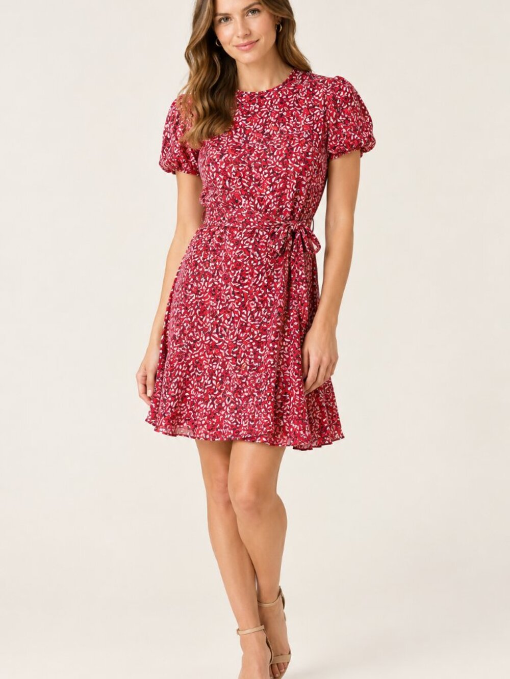 Mi Ami Women's Red Floral Tie-Waist Short Sleeve Dress Size Large